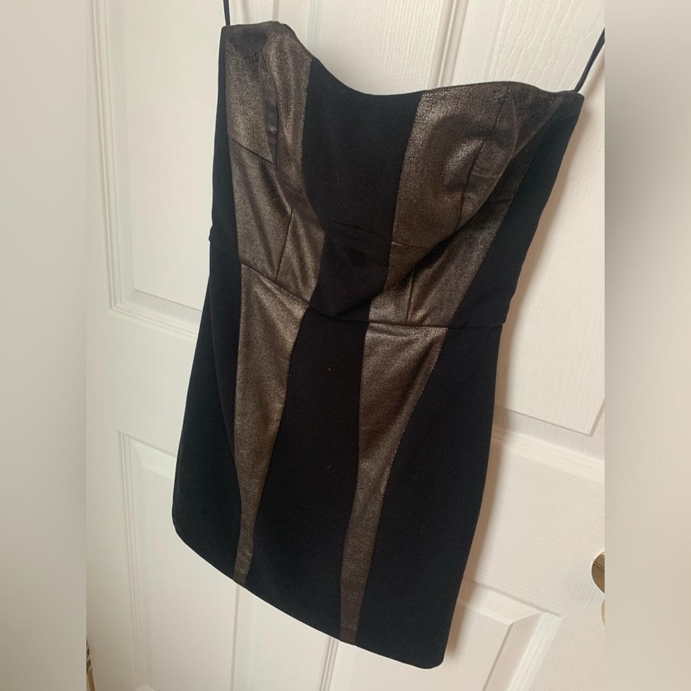 French Connection Black and Faux Leather Metallic Mini Dress Size 0